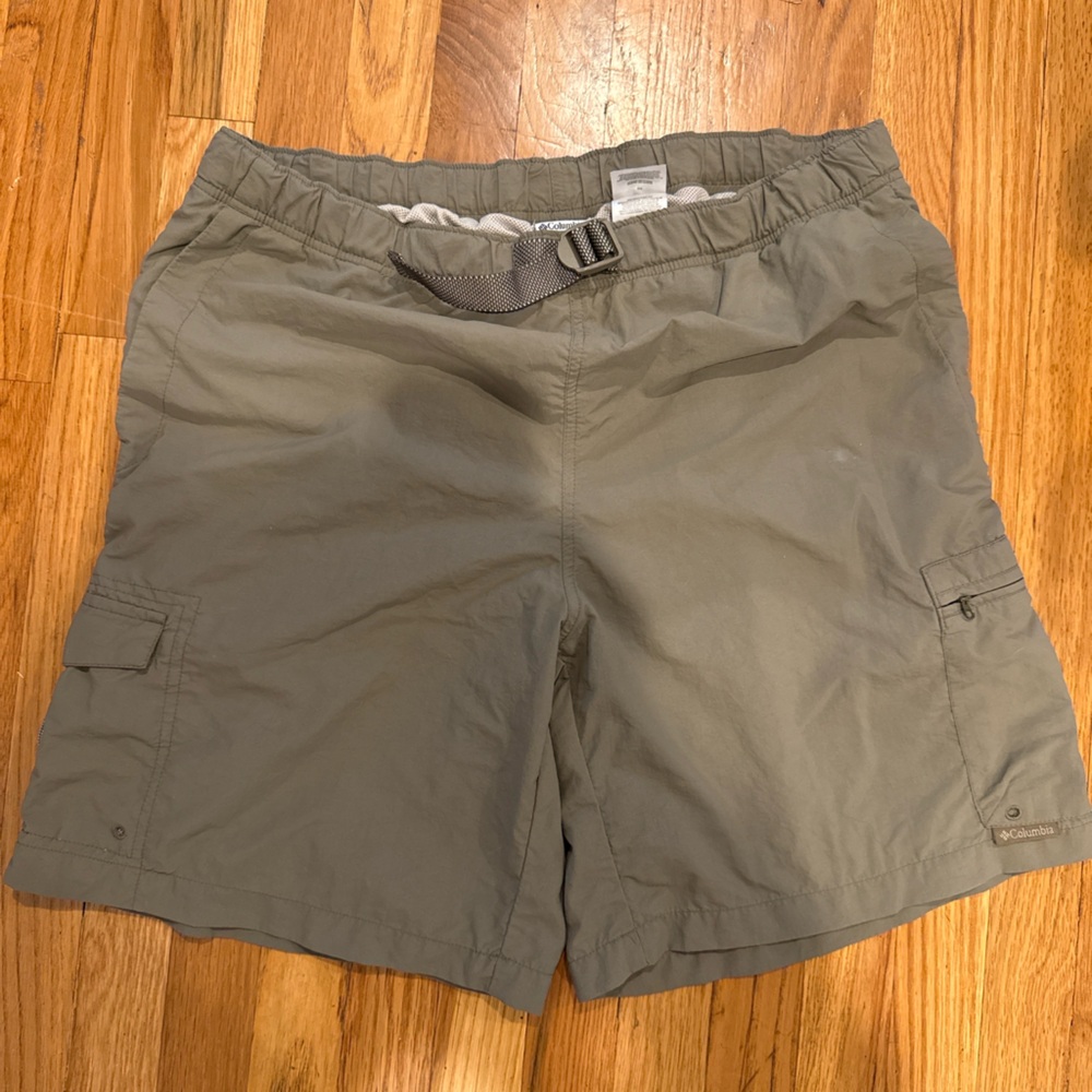 Columbia PFG Style Nylon Fishing Olive Green Cargo Shorts Mesh Lines Belted L